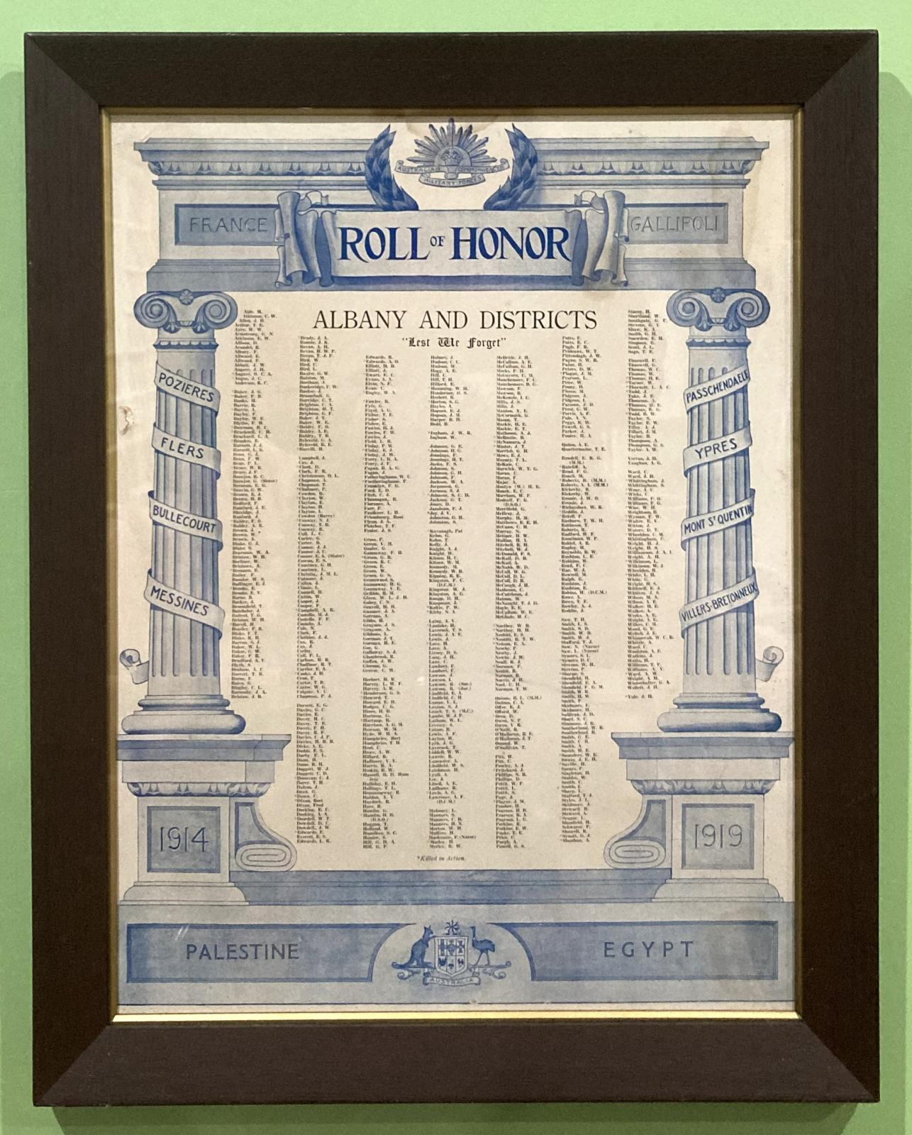 Framed Albany and Districts 'Roll of Honor'