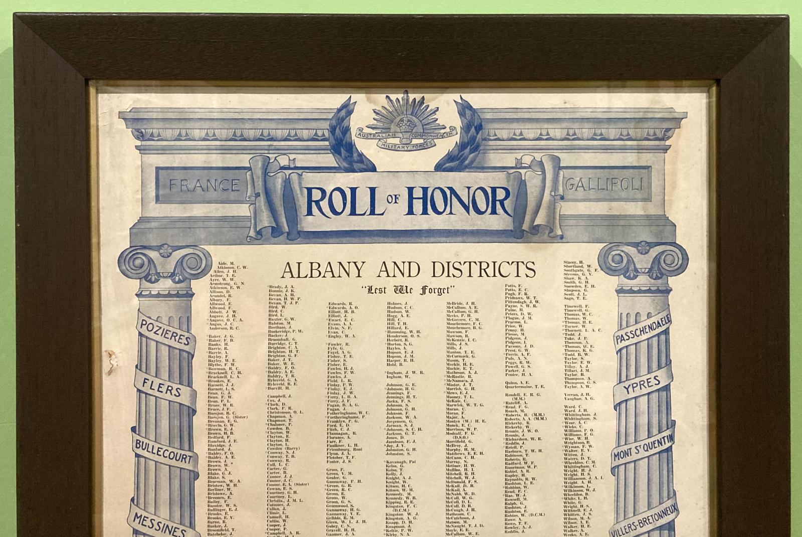 Close-up of top section of 'Roll of Honor'