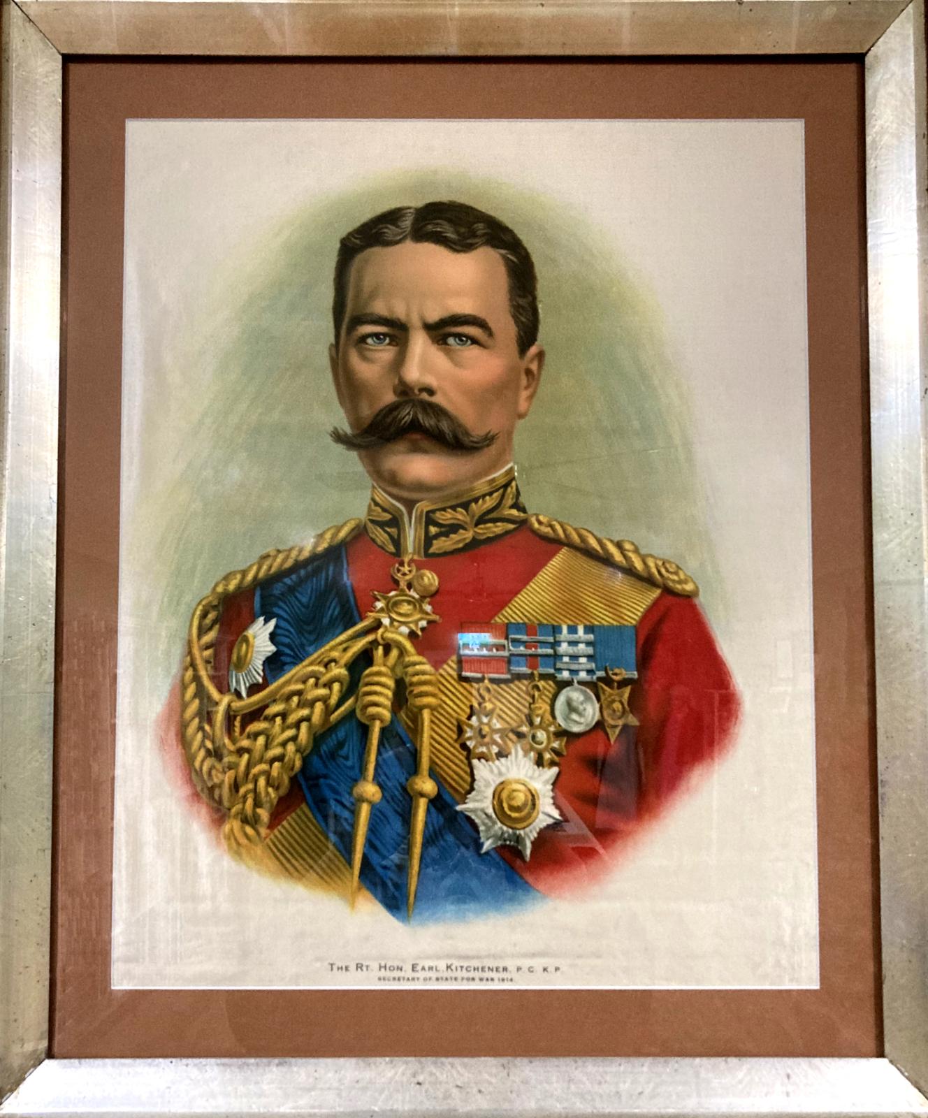 Close-up of framed silk portrait of Lord Kitchener