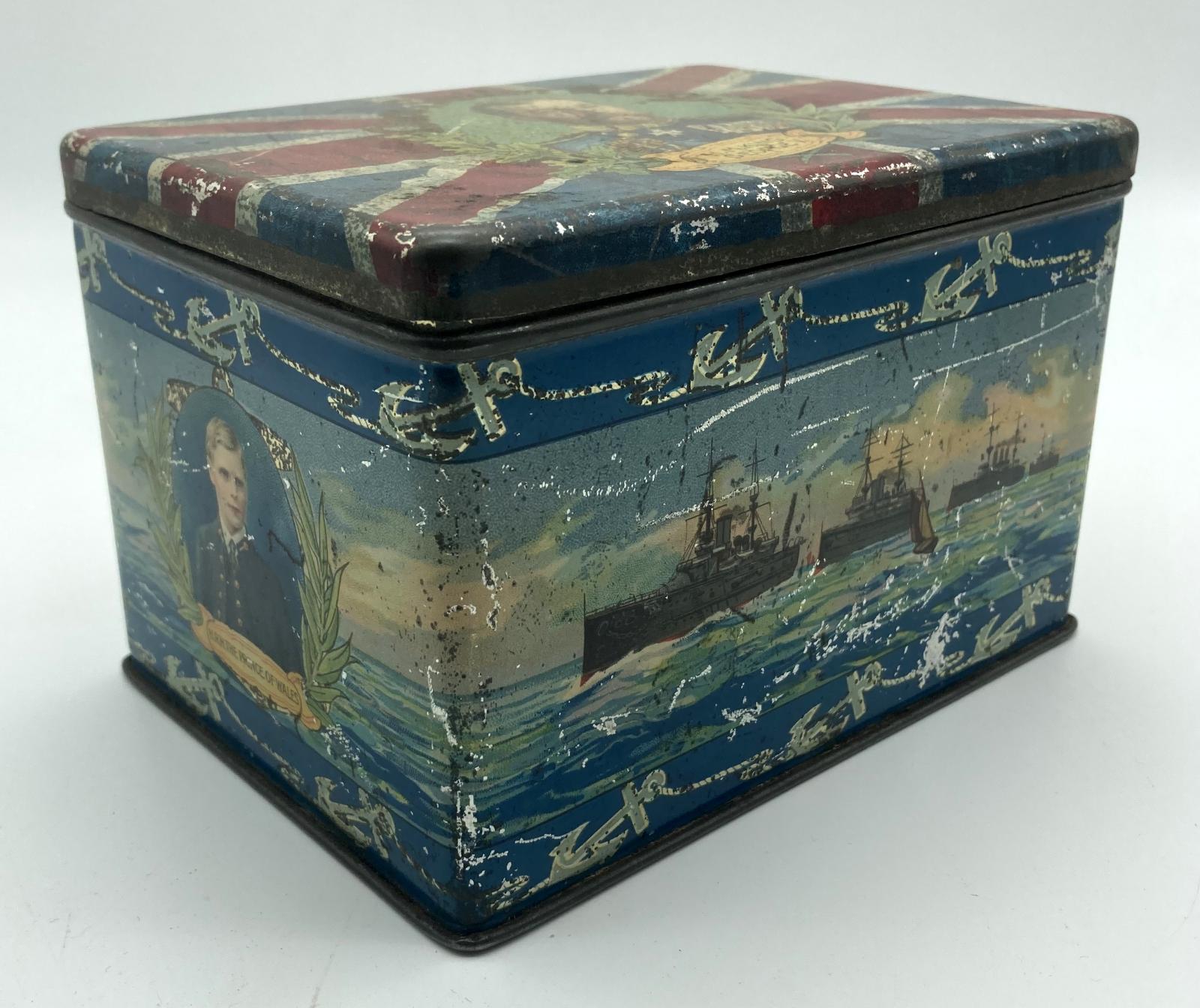 King George V 'Our Sailor King' tin with hinged lid - oblique view 1