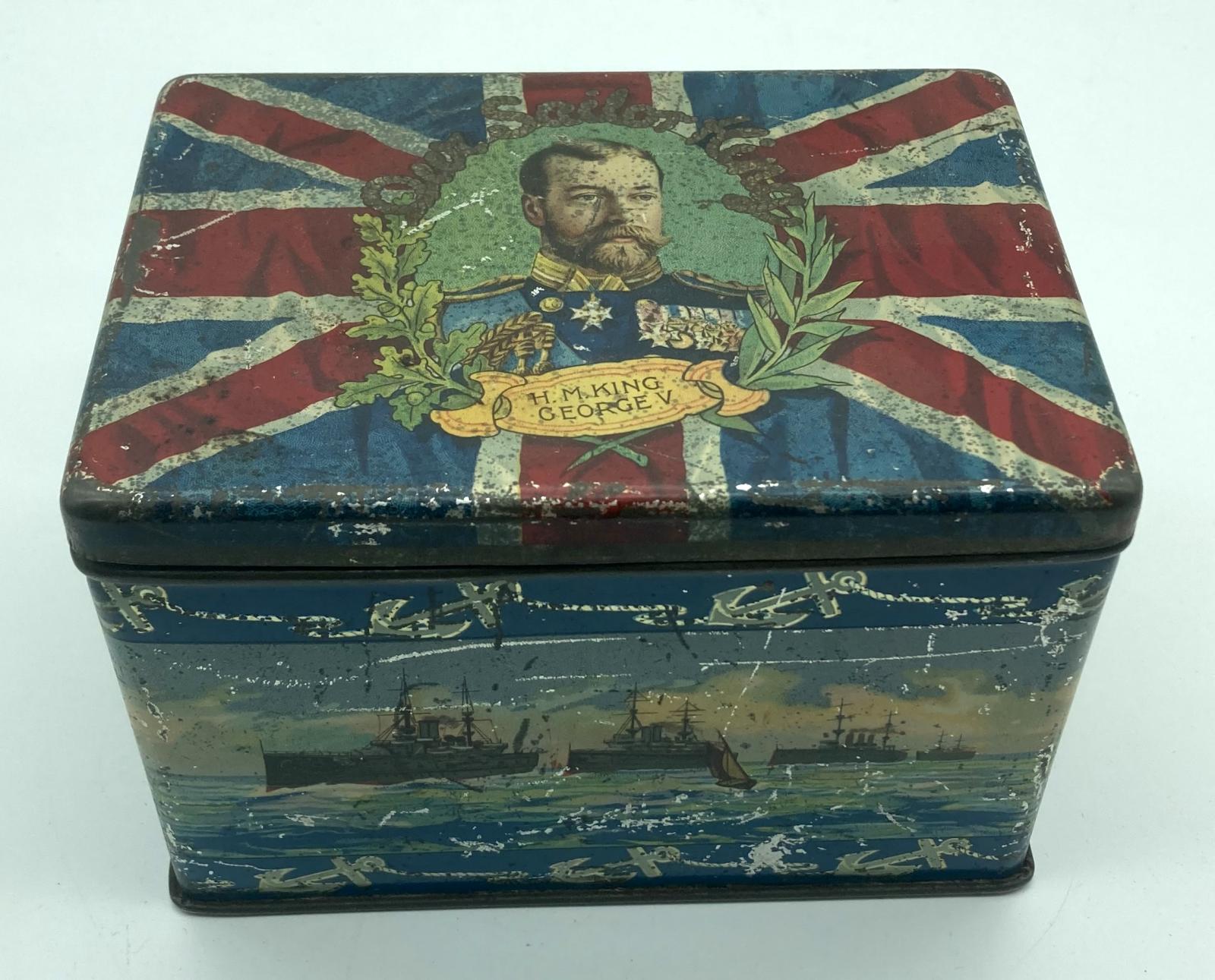 King George V 'Our Sailor King' tin with hinged lid - front top view