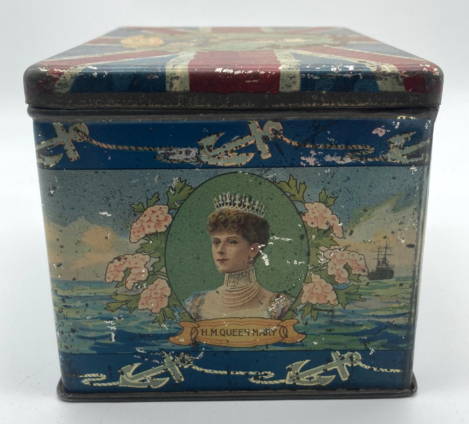 King George V 'Our Sailor King' tin with hinged lid - side view 2