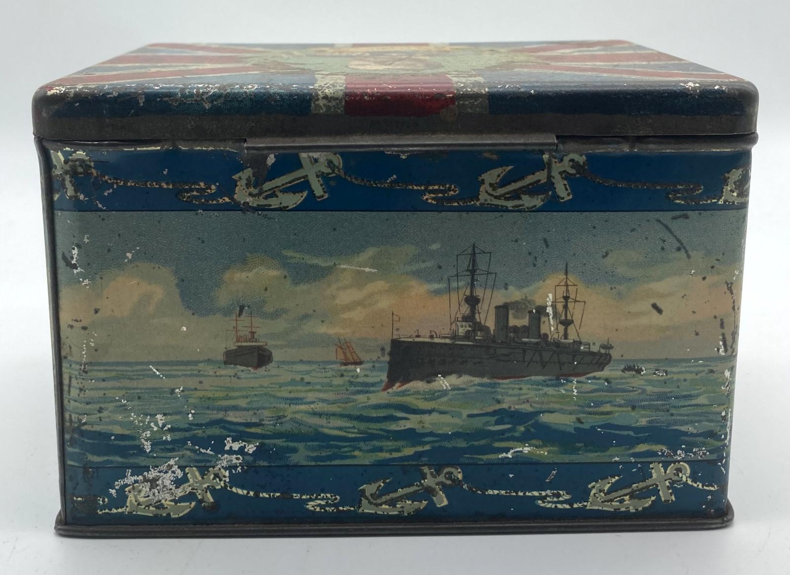 King George V 'Our Sailor King' tin with hinged lid - side view 3