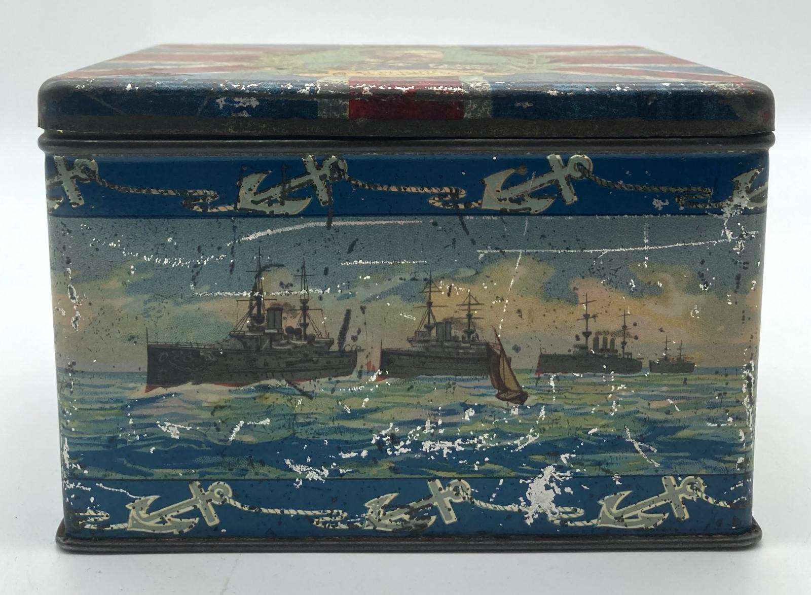 King George V 'Our Sailor King' tin with hinged lid - side view 1