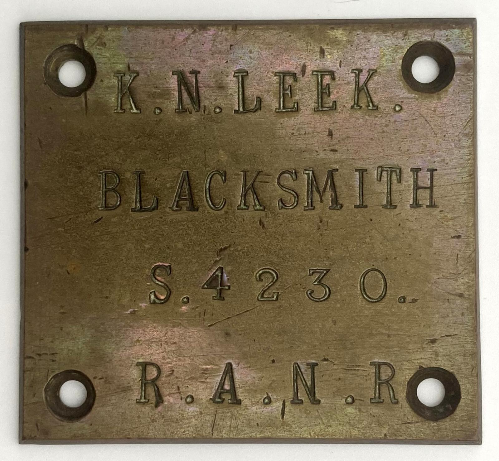 Square metal identification label - K.N. Leek