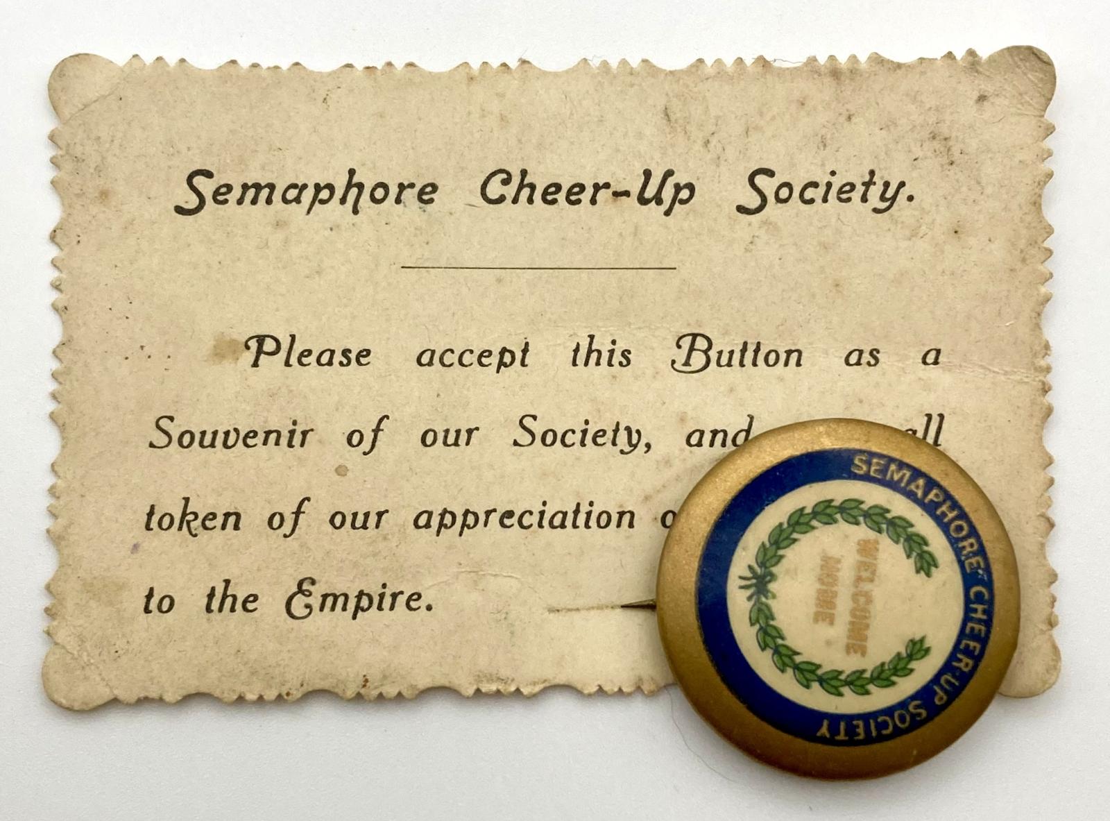 Semaphore Cheer-Up Society badge on original card