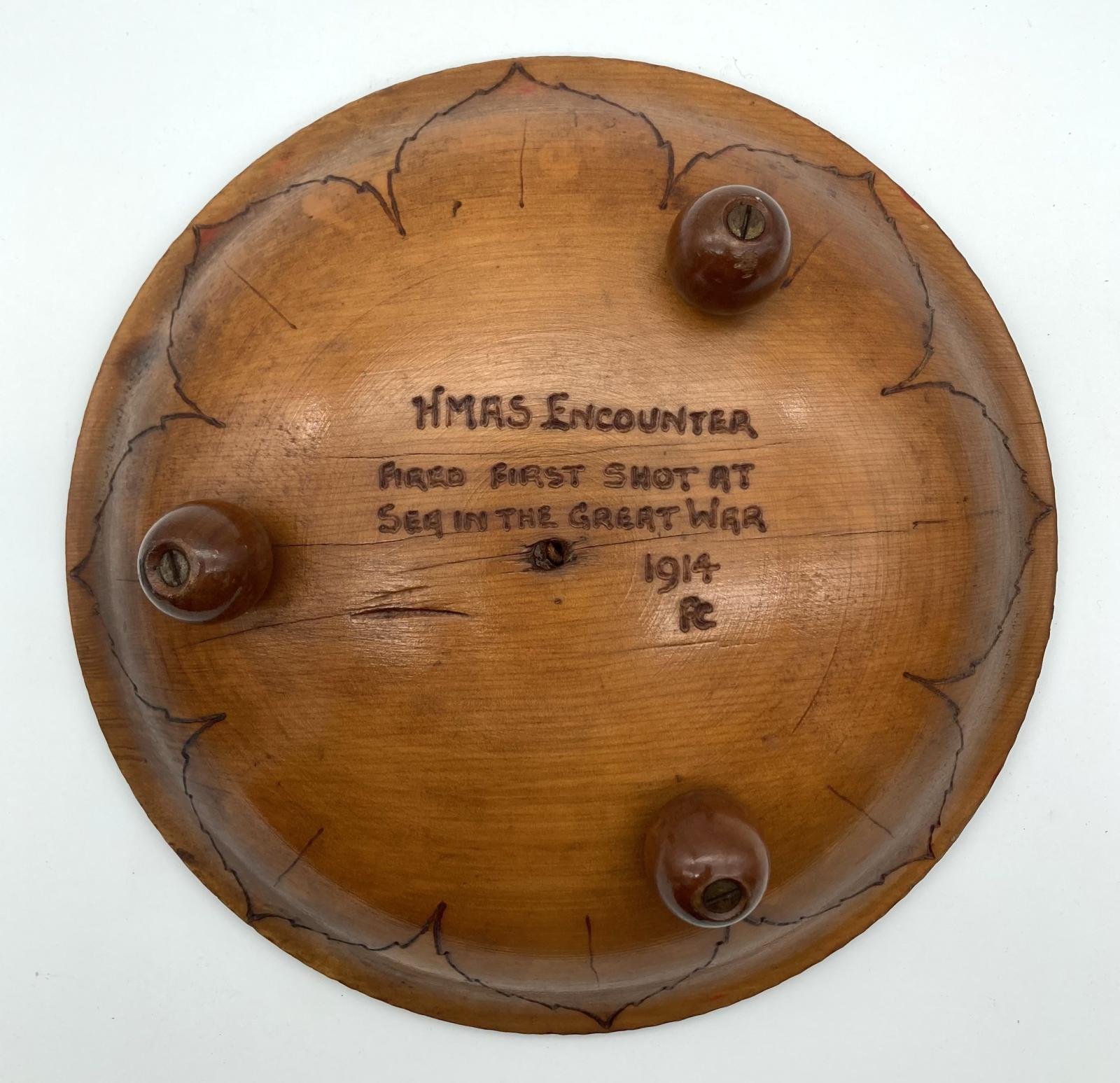 Pokerwork bowl made of timber from the H.M.A.S. Encounter  - bottom view