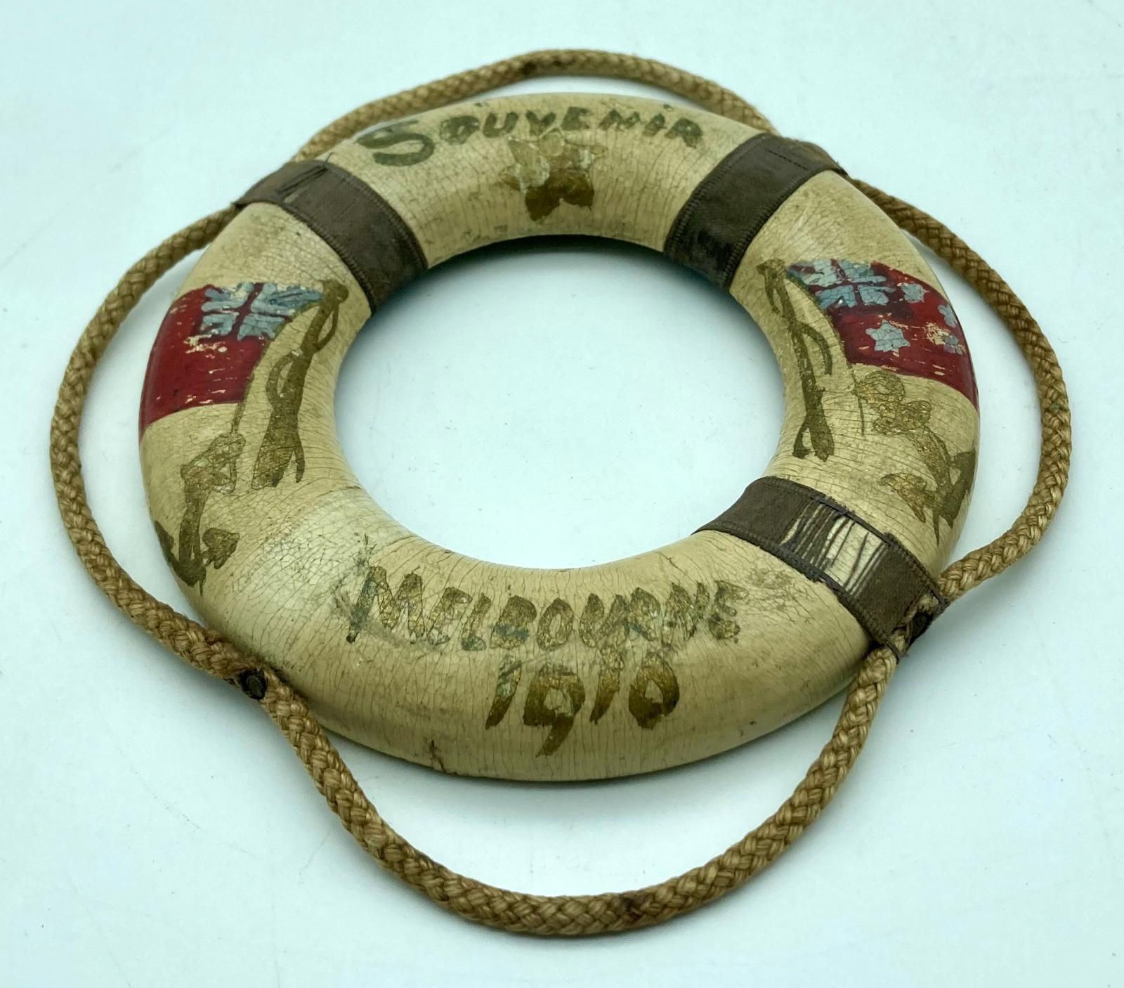 Souvenir lifebuoy - Melbourne 1910 - angled view