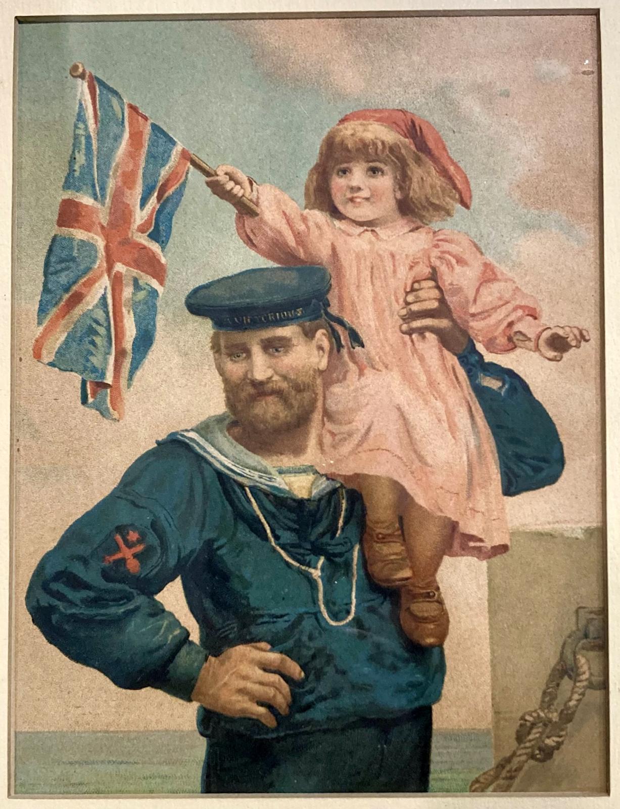 Close-up of antique naval print of sailor and child