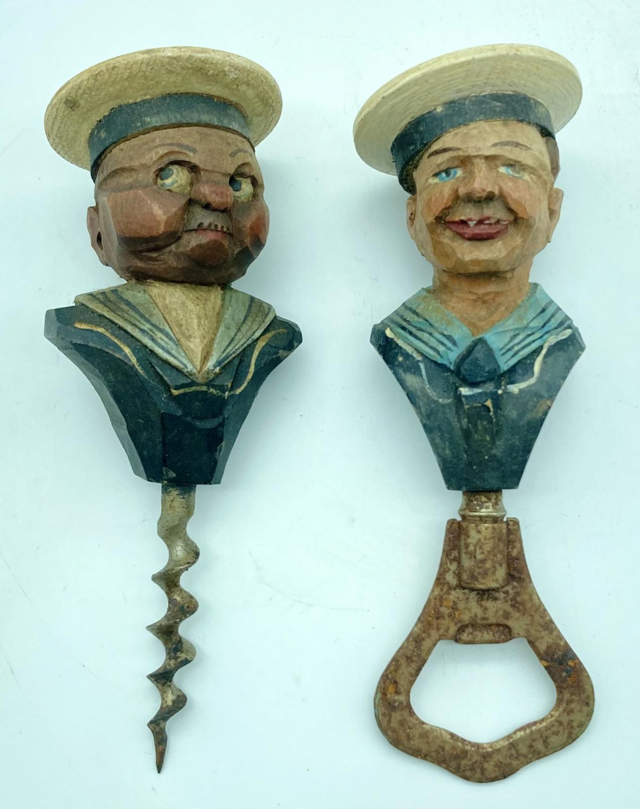 Both carved sailor barware items - corkscrew and bottle opener