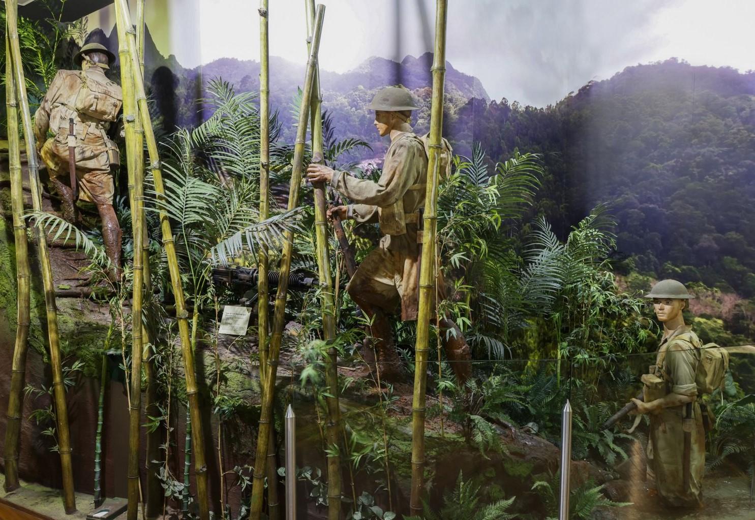 Exhibit depicting soldiers navigating a dense jungle environment along the Kokoda Track with lifelike mannequins dressed in military uniforms surrounded by bamboo and lush greenery, set against a mountainous backdrop.