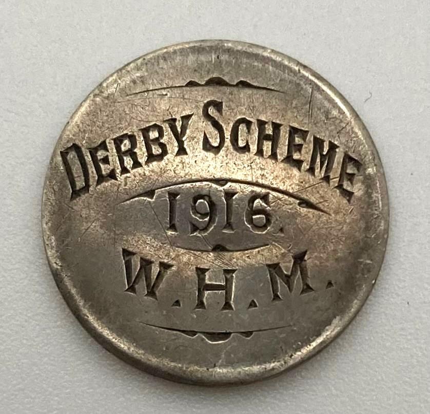 Lord Derby Scheme engraved coin with initials