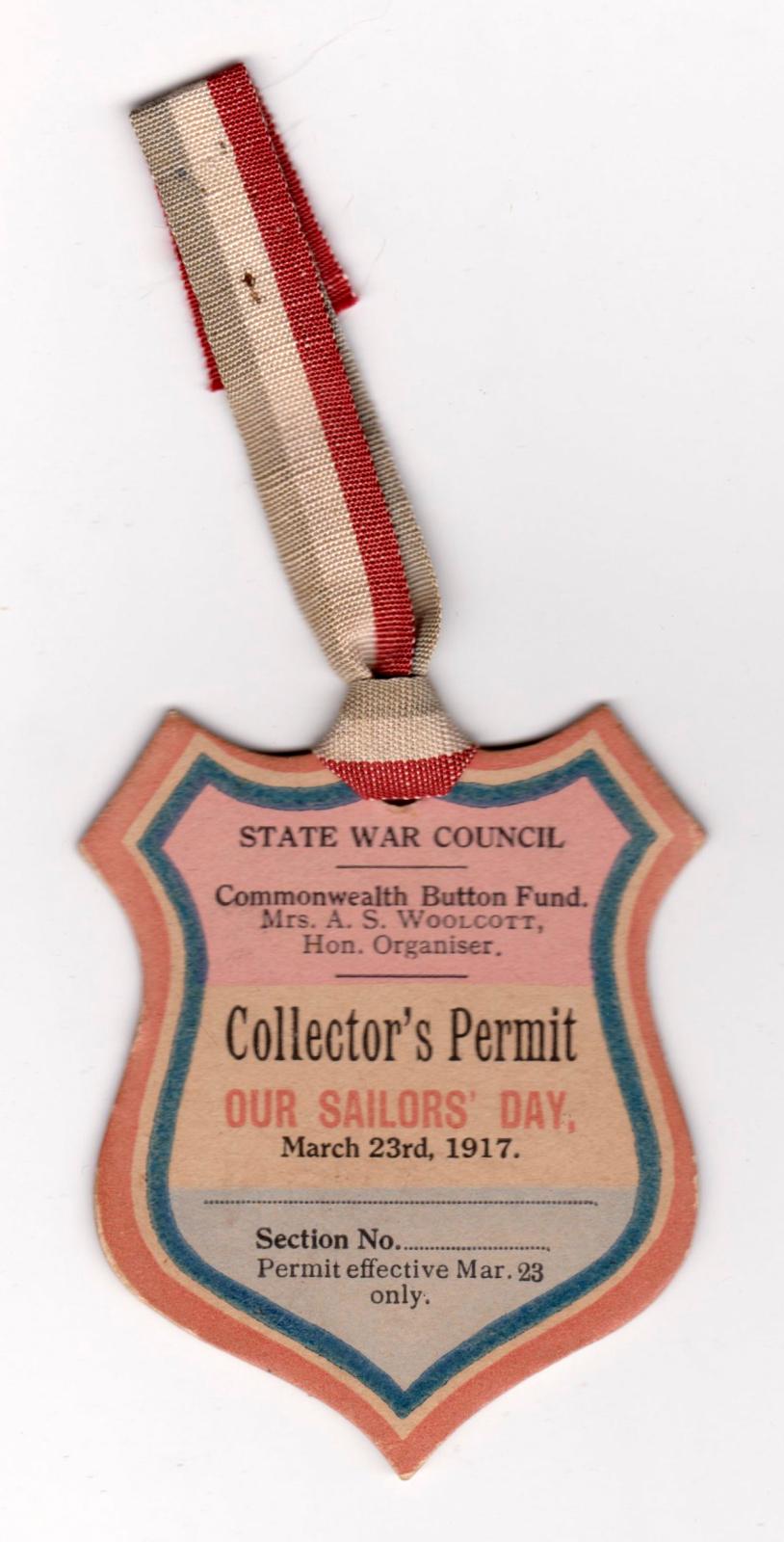 State War Council Collector's Permit - Our Sailors' Day 1916