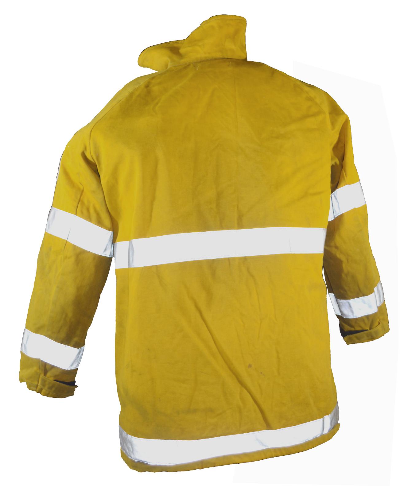 View of the back of a firefighters jacket. The main colour of the jacket is yellow, with high-visibility silver coloured tape sewn around the base of the jacket and at chest height. There are also silver bands around mid-bicep and at wrist level on the arms of the jacket.