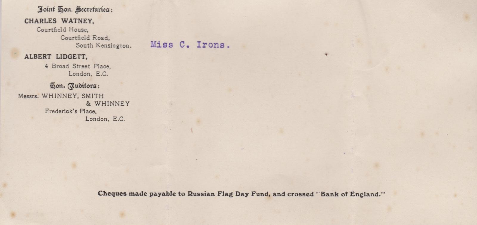 'Russian Flag Day' letter 1916 - bottom section