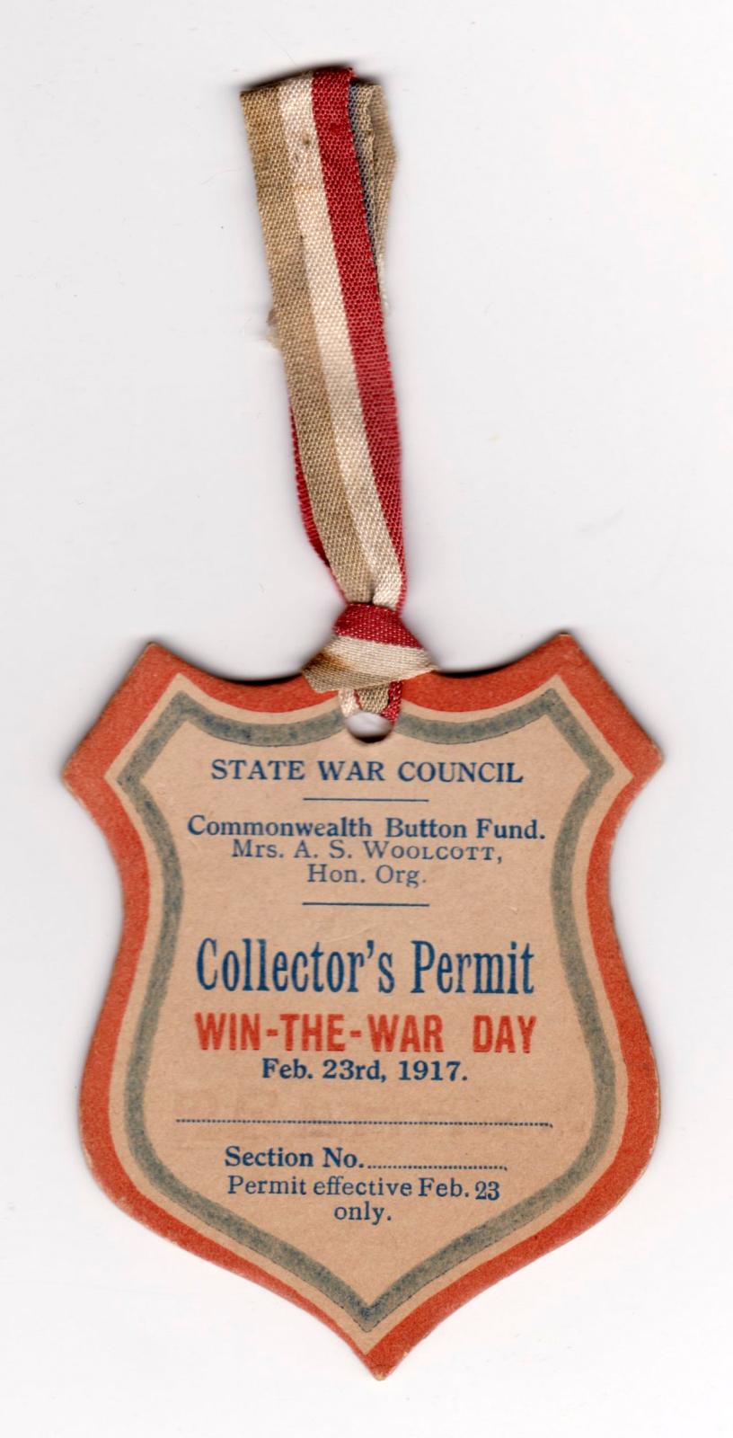 State War Council Collector's Permit - Win-the War Day 1917