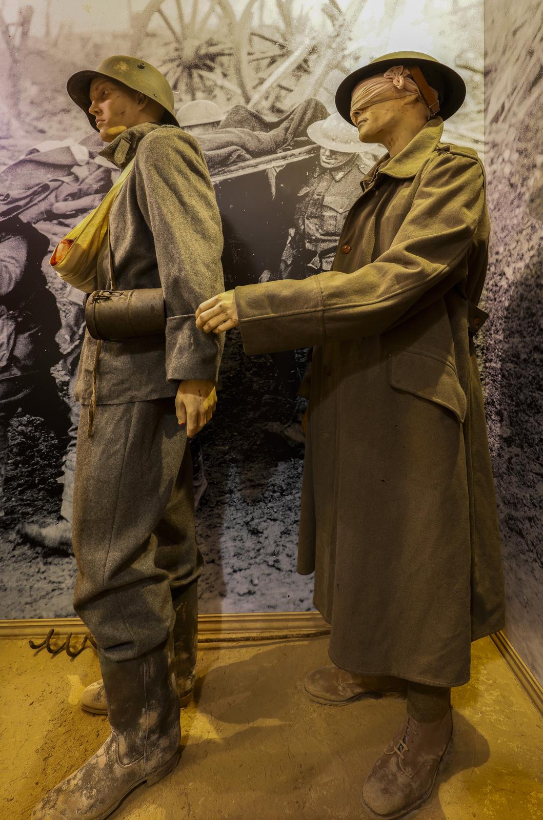 "A museum exhibit featuring two life-sized statues of World War I soldiers dressed in period uniforms. One soldier appears to be supporting the other, who is wounded and wearing a long coat. The background depicts a trench warfare scene, adding a historical and immersive context to the display."