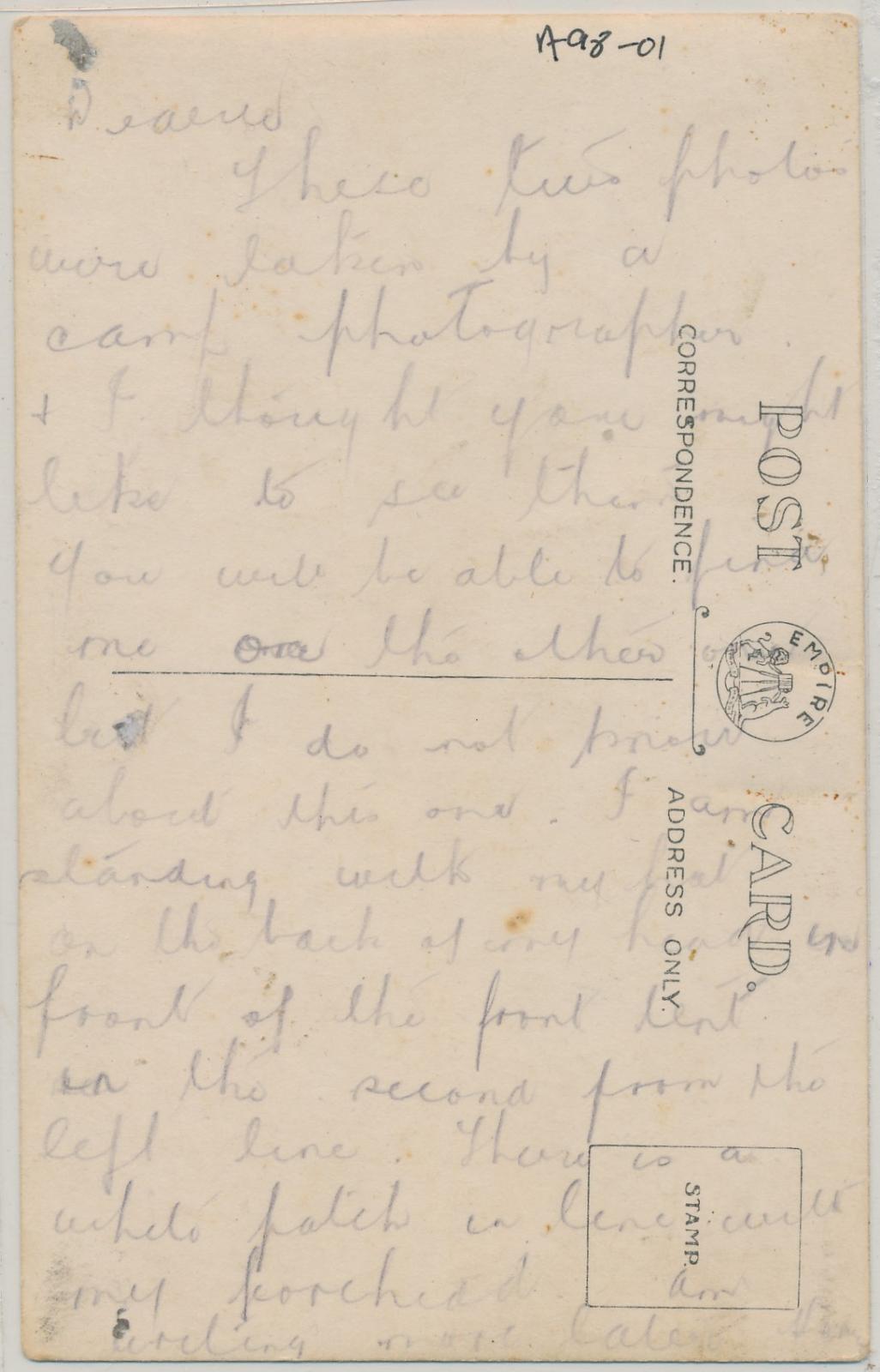 Back of postcard of Camp of 32nd Battalion A.I.F.