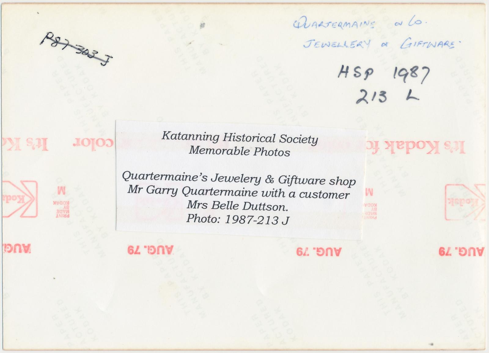Back of photograph of Quartermaine's Jewelery & Giftware