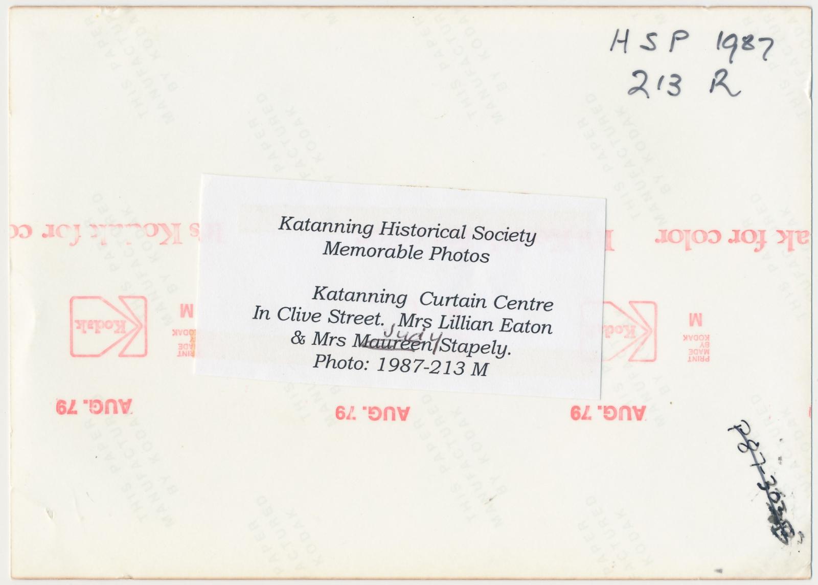 Back of photograph of Katanning Curtain Centre