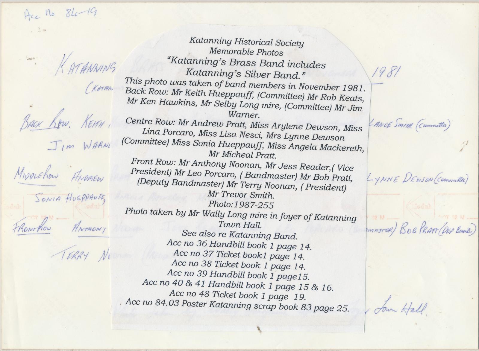 Back of photograph of Katanning Silver Band