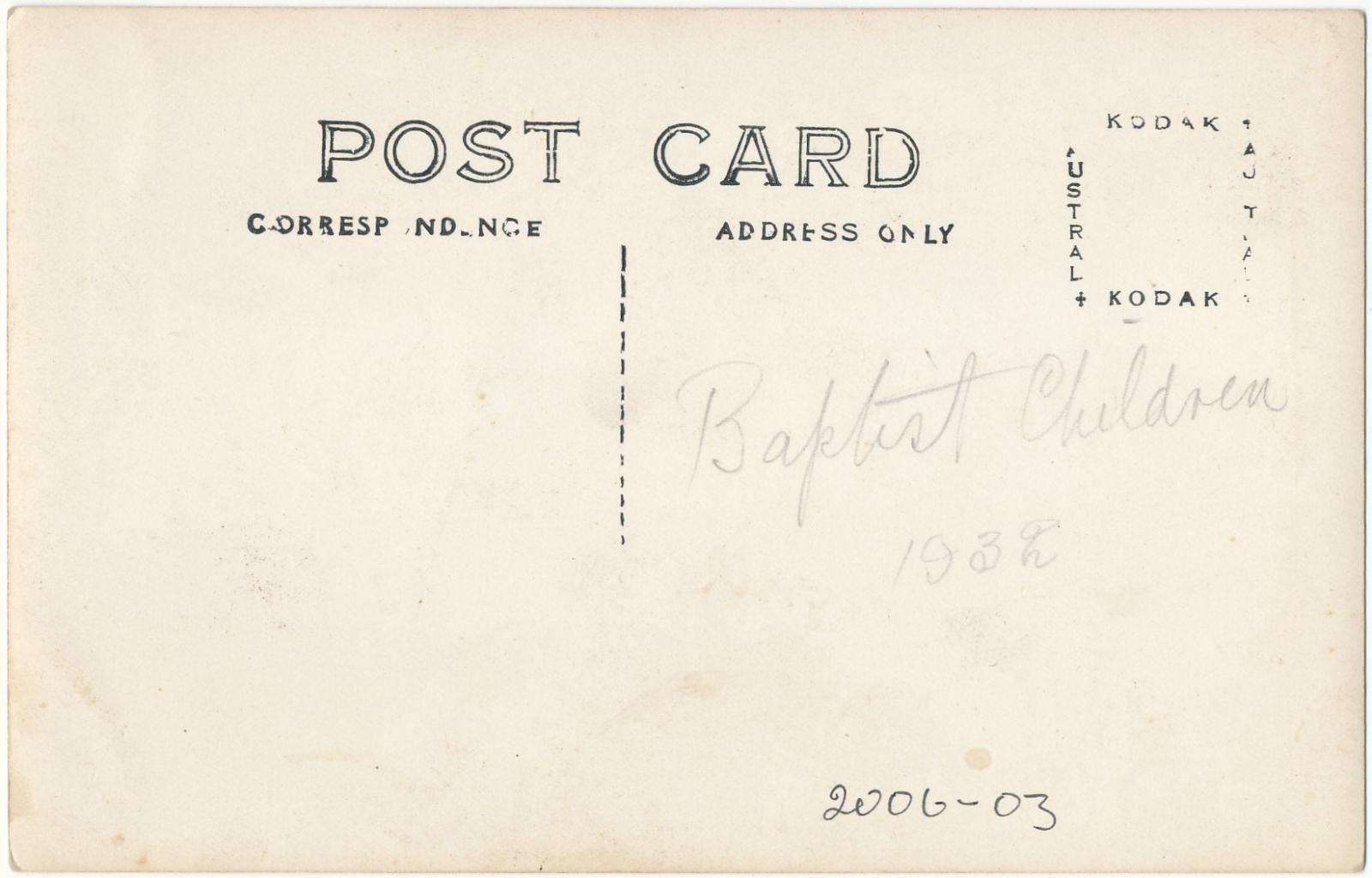 Back of postcard of Katanning Baptist Church Sunday School