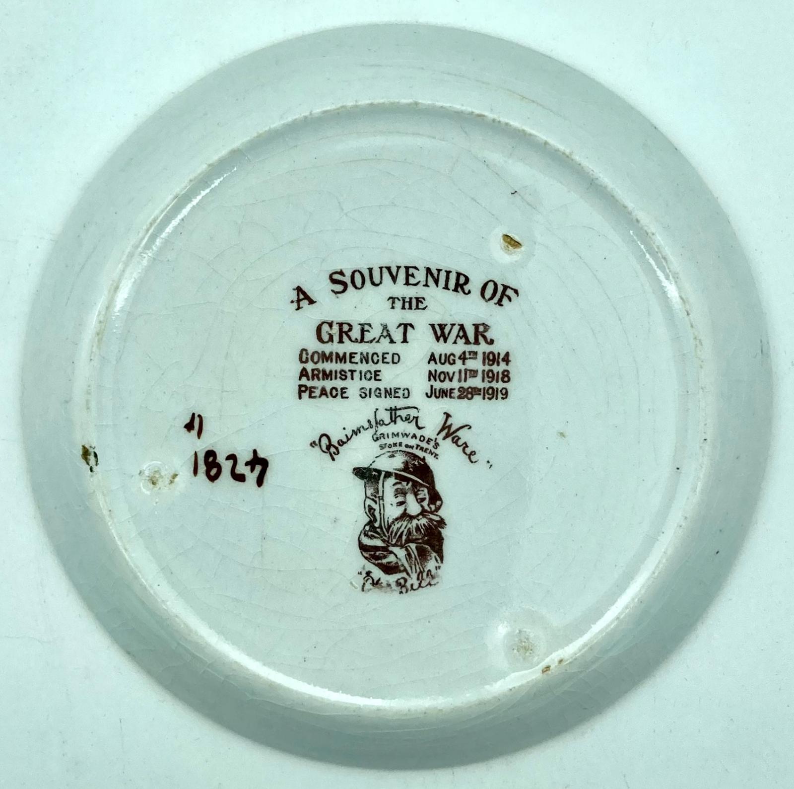 Back view of WWI era china dish featuring Bruce Bairnsfather cartoon