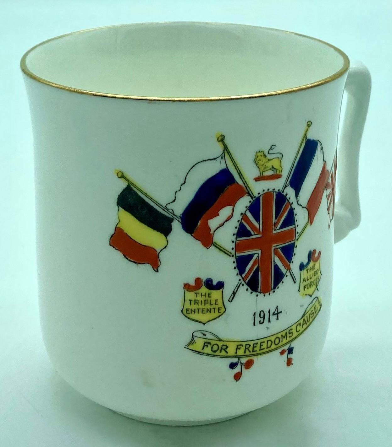 Side view of WWI era patriotic bone china cup 