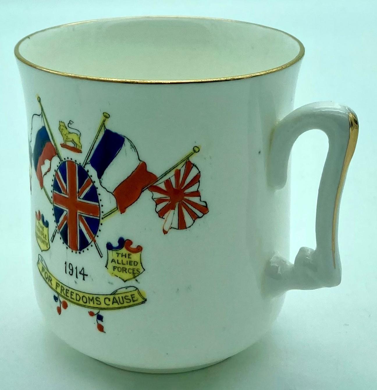 Other side view of WWI era patriotic bone china cup 