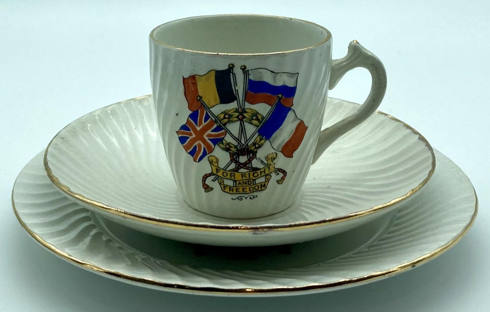 WWI era patriotic bone china cup, saucer and plate set