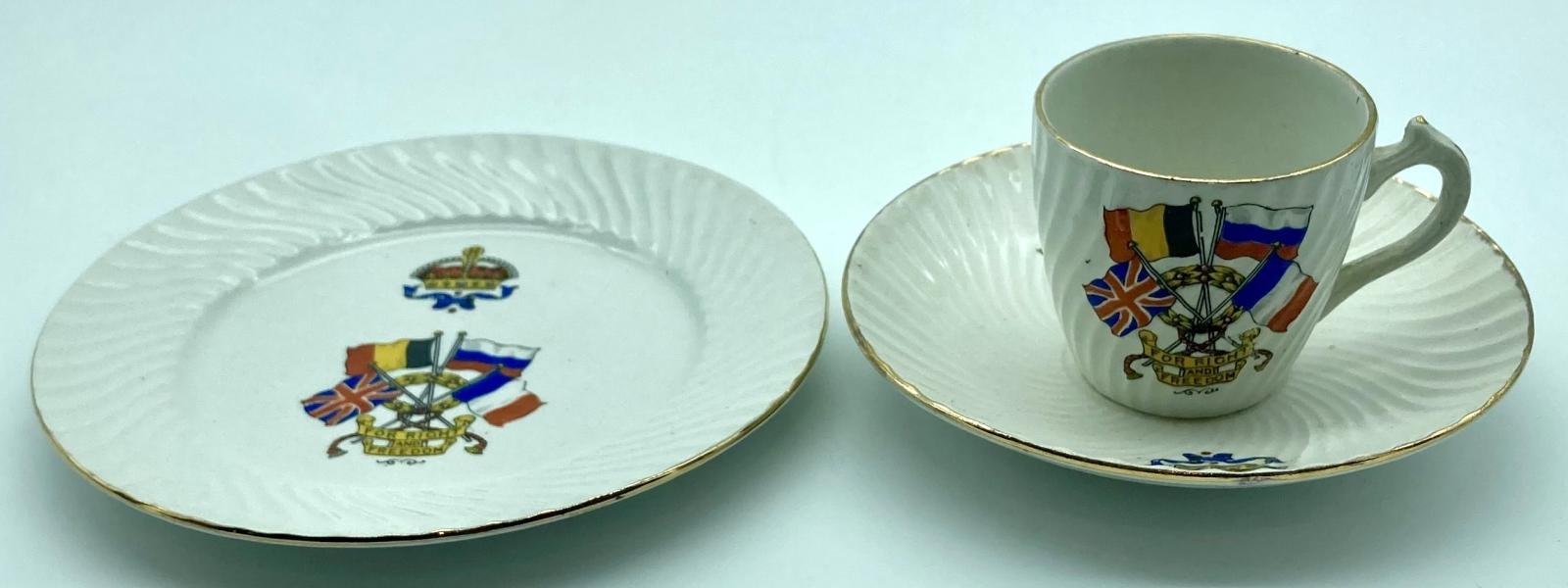 WWI era patriotic bone china cup, saucer and plate set