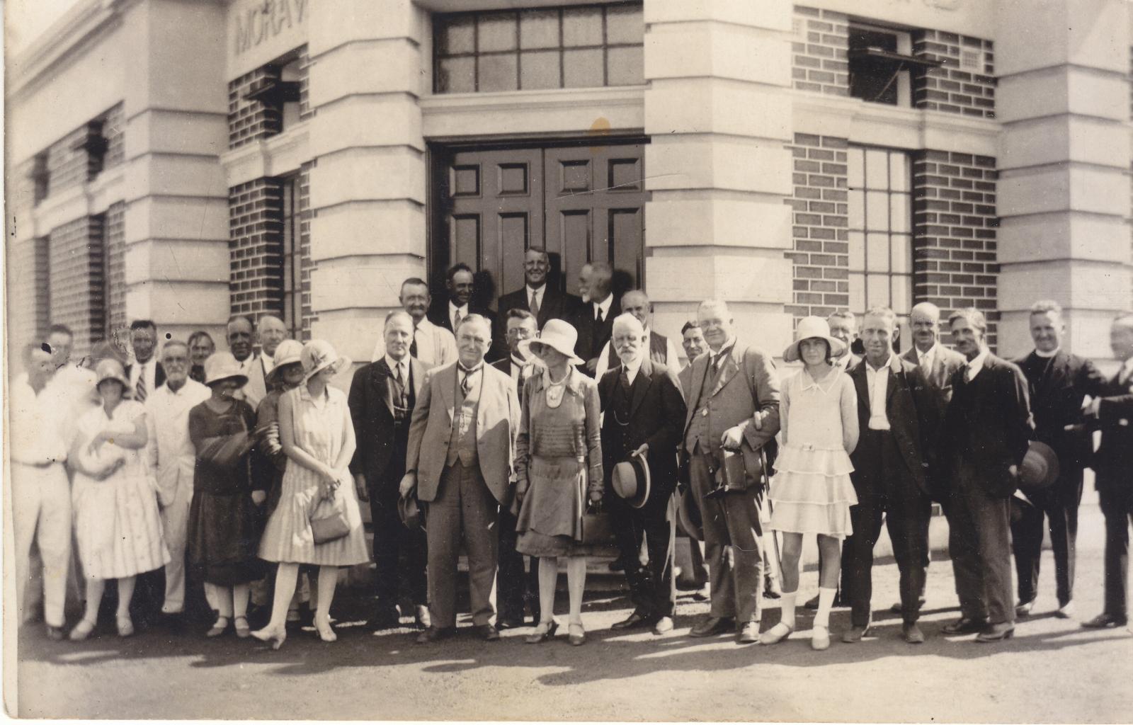 Group of people standing outside the front of the Morawa Road Board Office on opening day