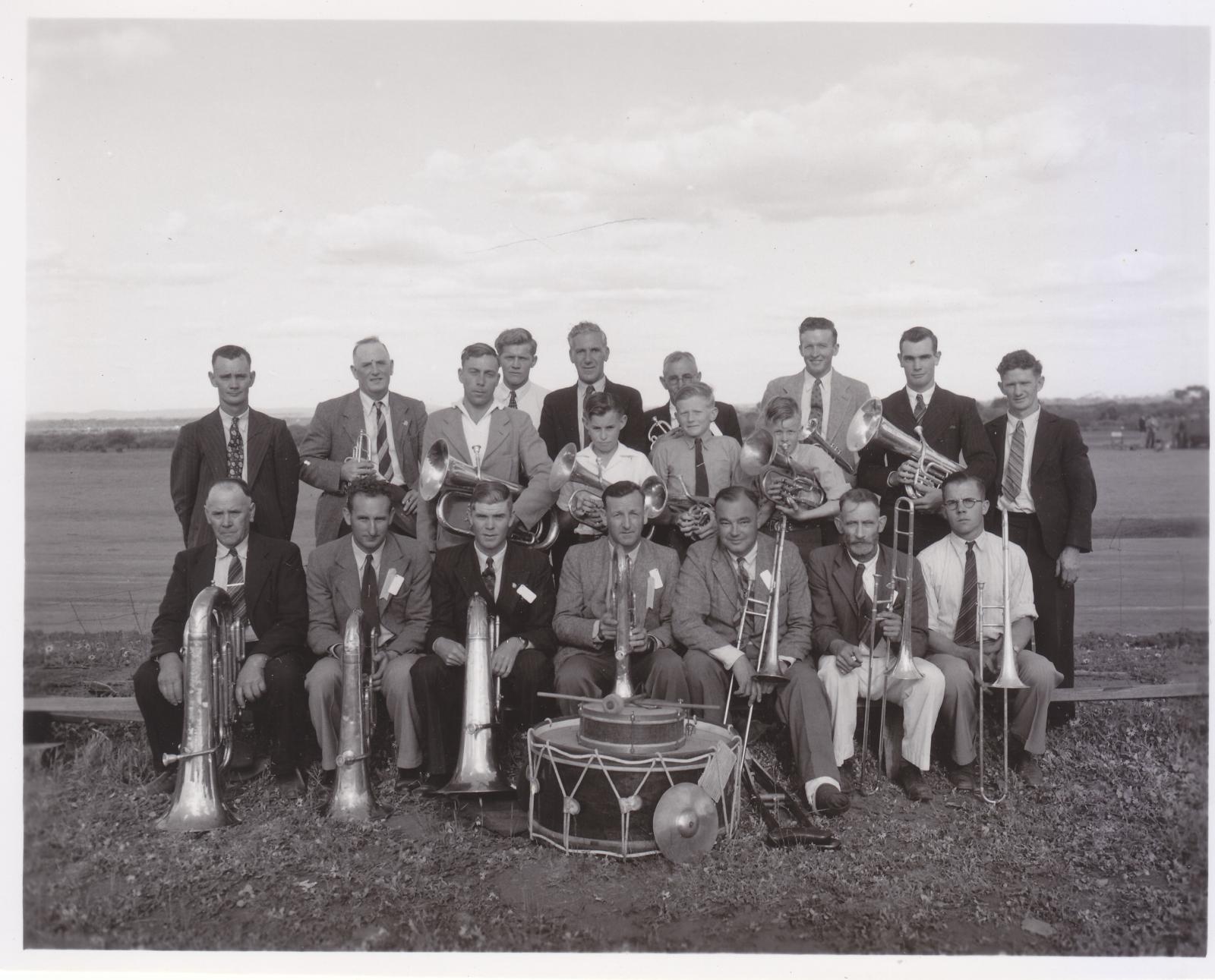 B/W photo of men with brass instruments Morawa 1950