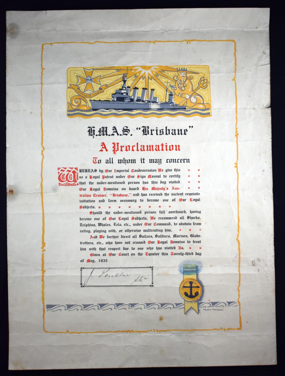 HMAS Brisbane Proclamation Certificate