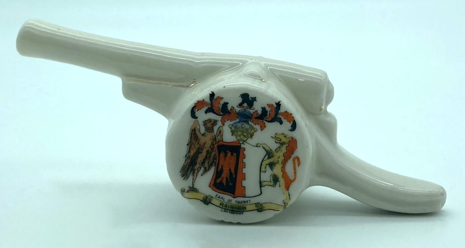 Carlton China crested ware field gun - side view showing crest