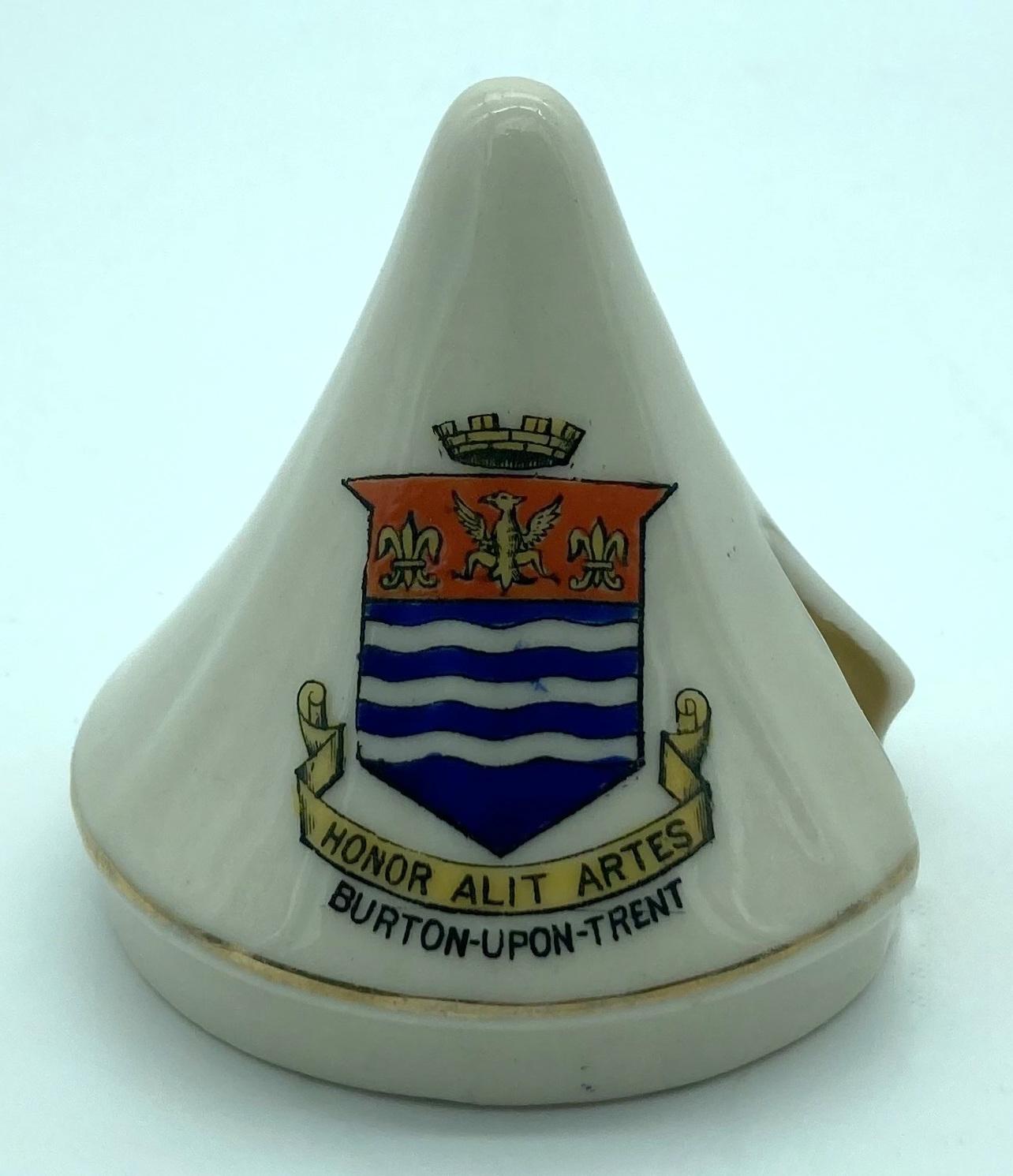 Carlton China crested ware bell tent - side view showing crest