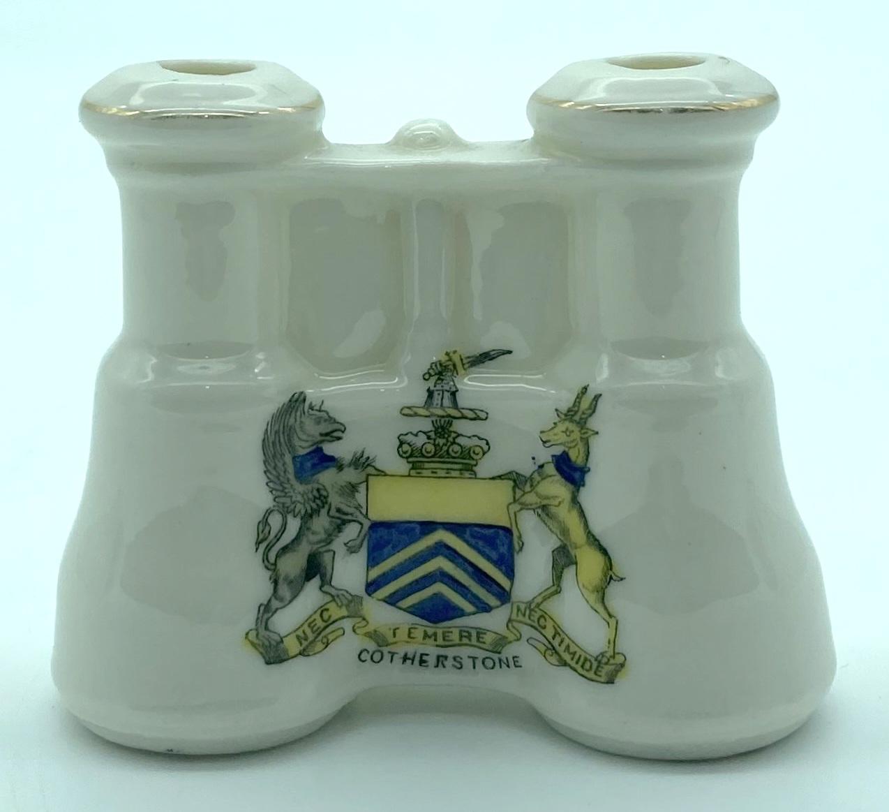 Arcadian China crested ware - binoculars - Cotherstone - front view