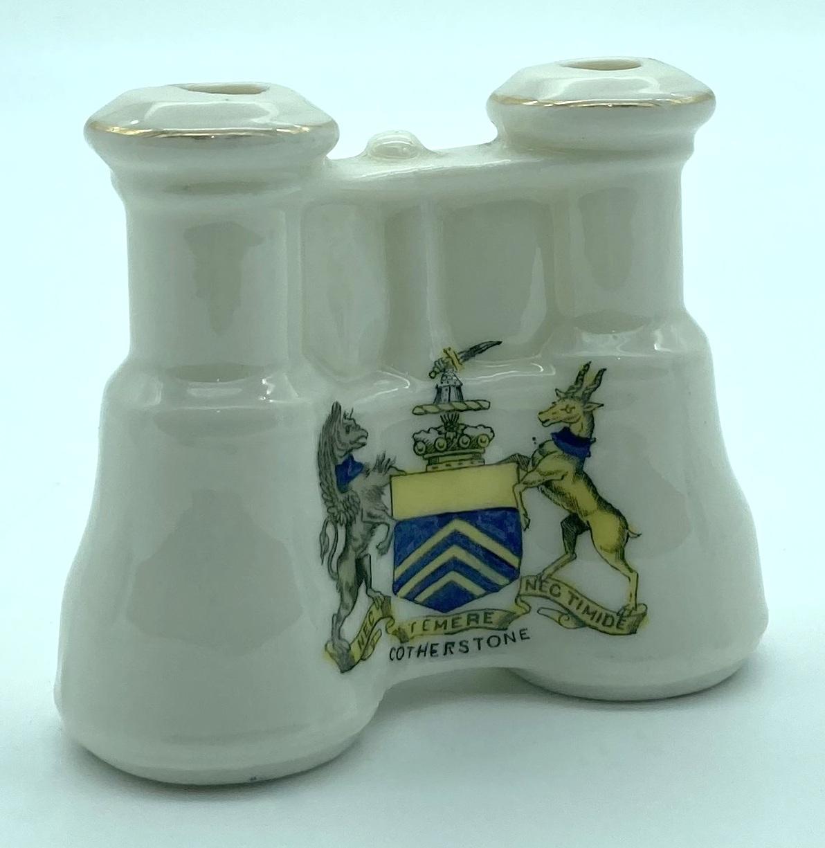 Arcadian China crested ware - binoculars - Cotherstone - oblique view