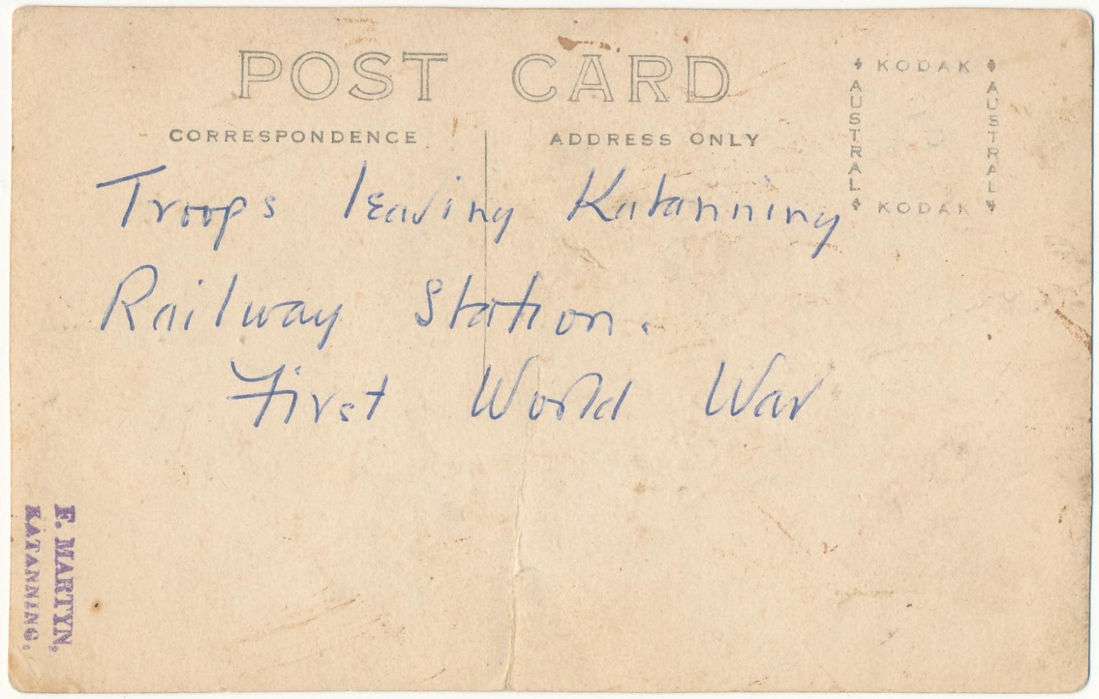 Back of postcard of Troops Leaving Katanning Railway Station