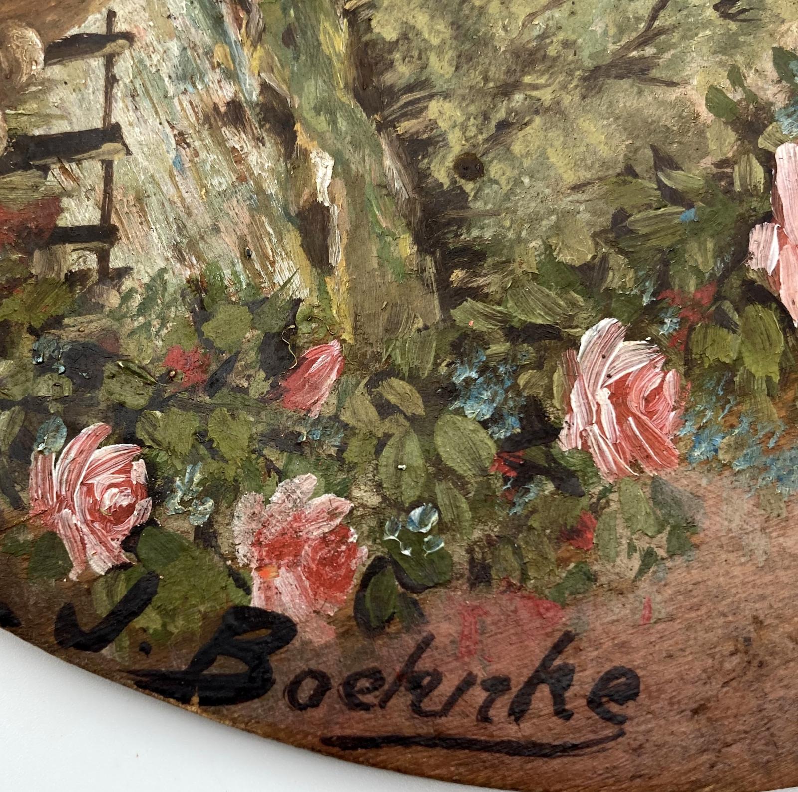 Close-up of WWI era photo découpage hand painted plaque showing artist's signature