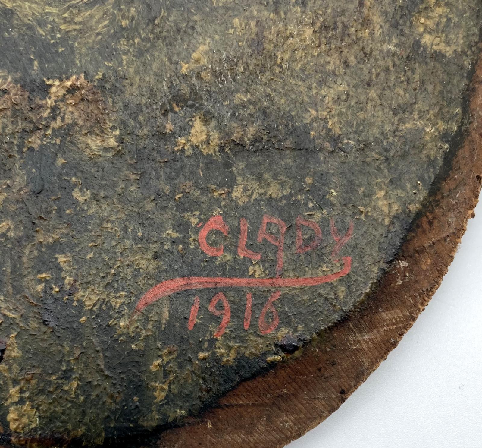 Close-up of WWI era photo découpage hand painted plaque showing signature and date