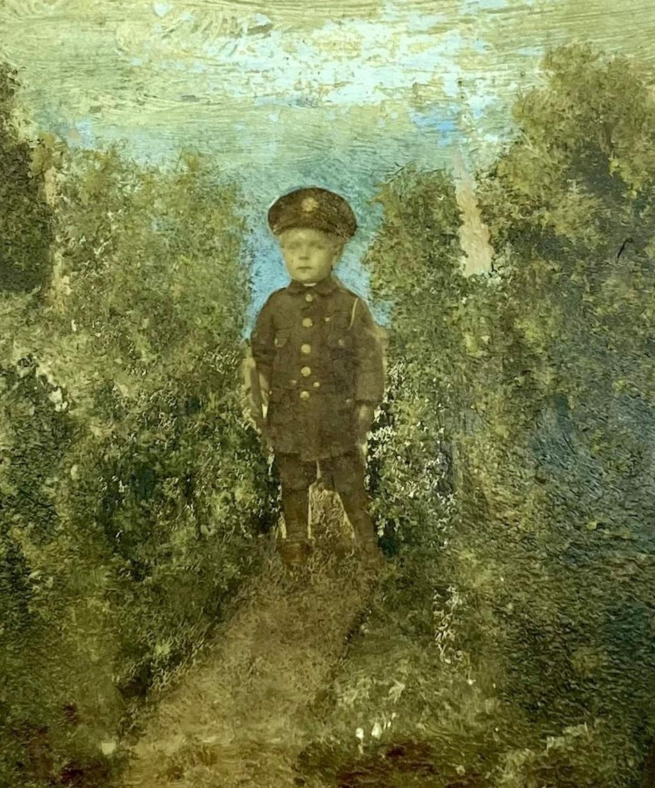 Close-up of WWI era photo découpage hand painted plaque by Mon. Clady - 2