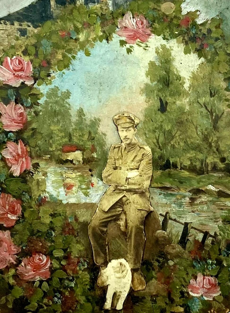 Close-up of WWI era photo découpage hand painted plaque in shape of paint palette