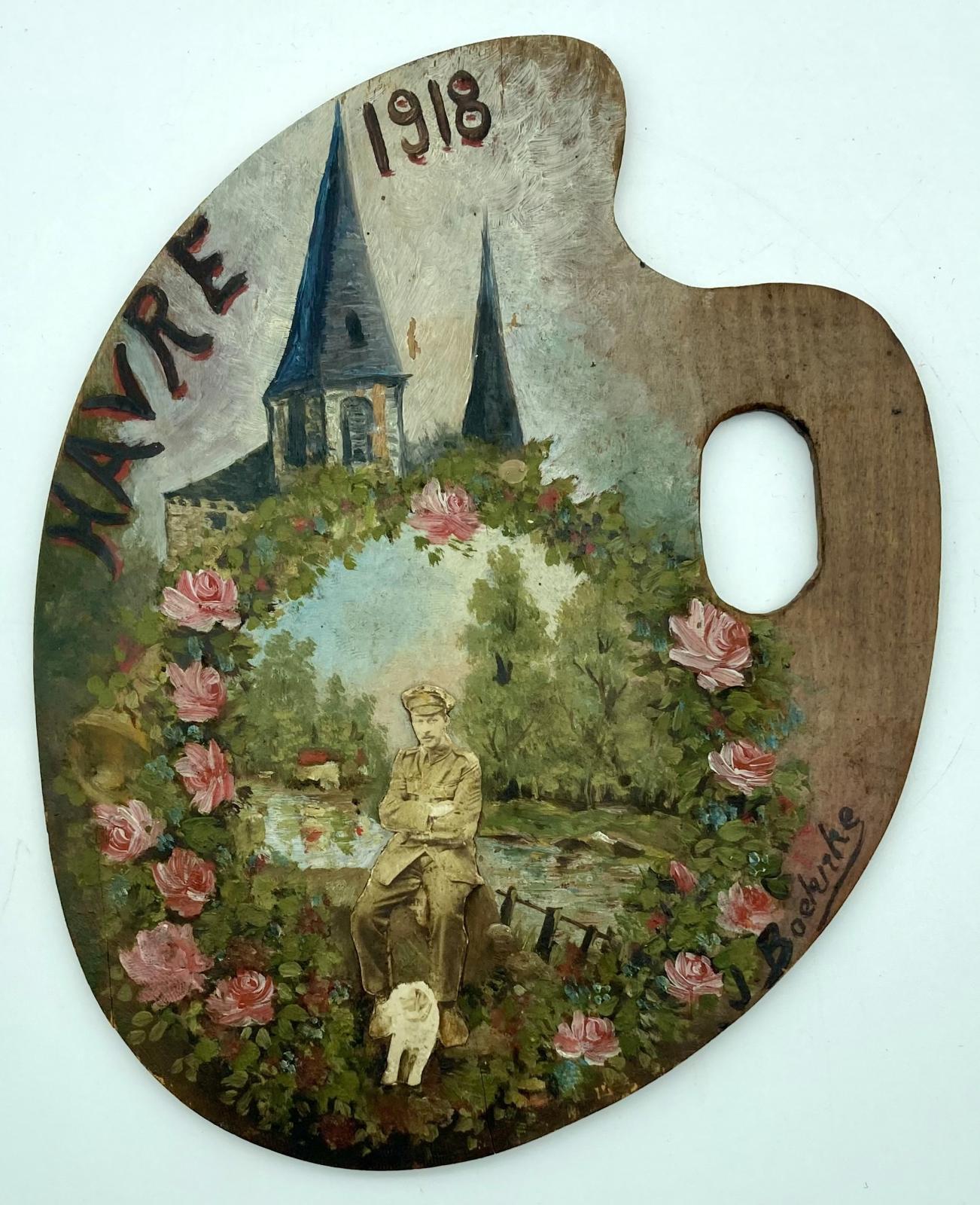 WWI era photo découpage hand painted plaque in shape of paint palette