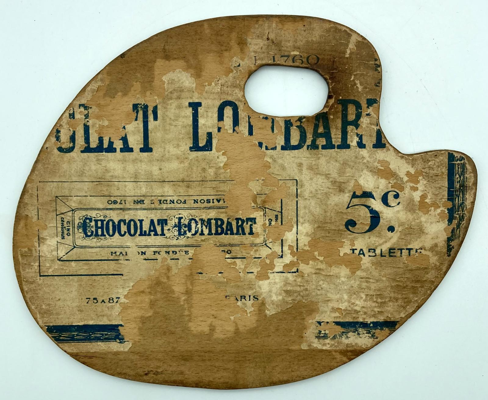 Reverse of WWI era photo découpage hand painted plaque in shape of paint palette