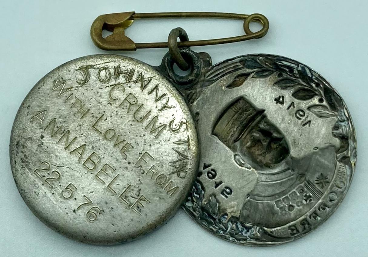 Reverse of WWI era metal locket with French General Joseph Joffre - open showing modern engraving