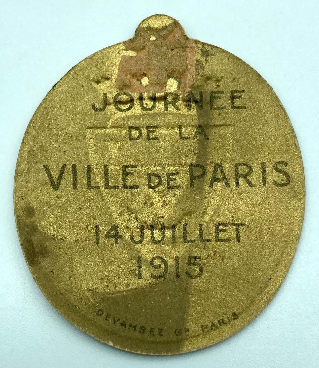 Reverse of WWI paper fundraising pin - Paris Day, 14 July 1915