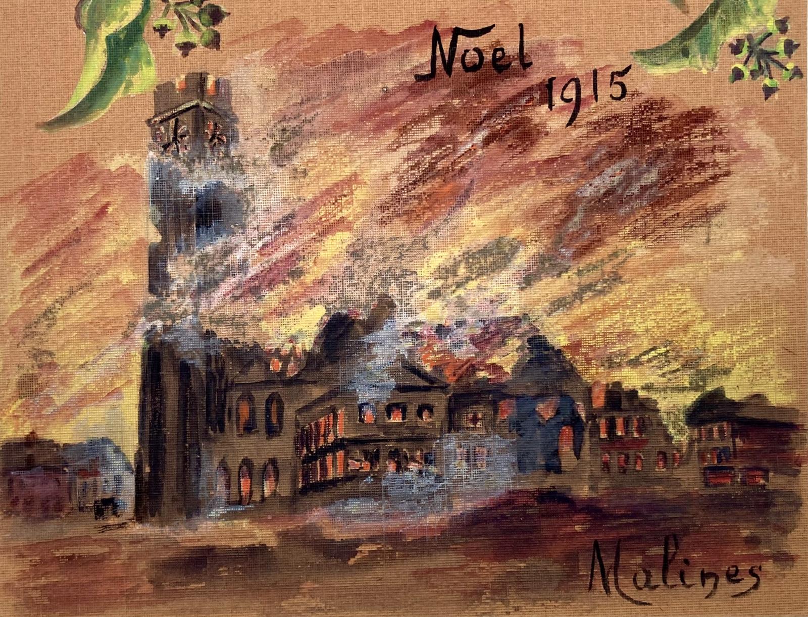 Detail of 1915 hand-painted Christmas card - Malines, Belgium