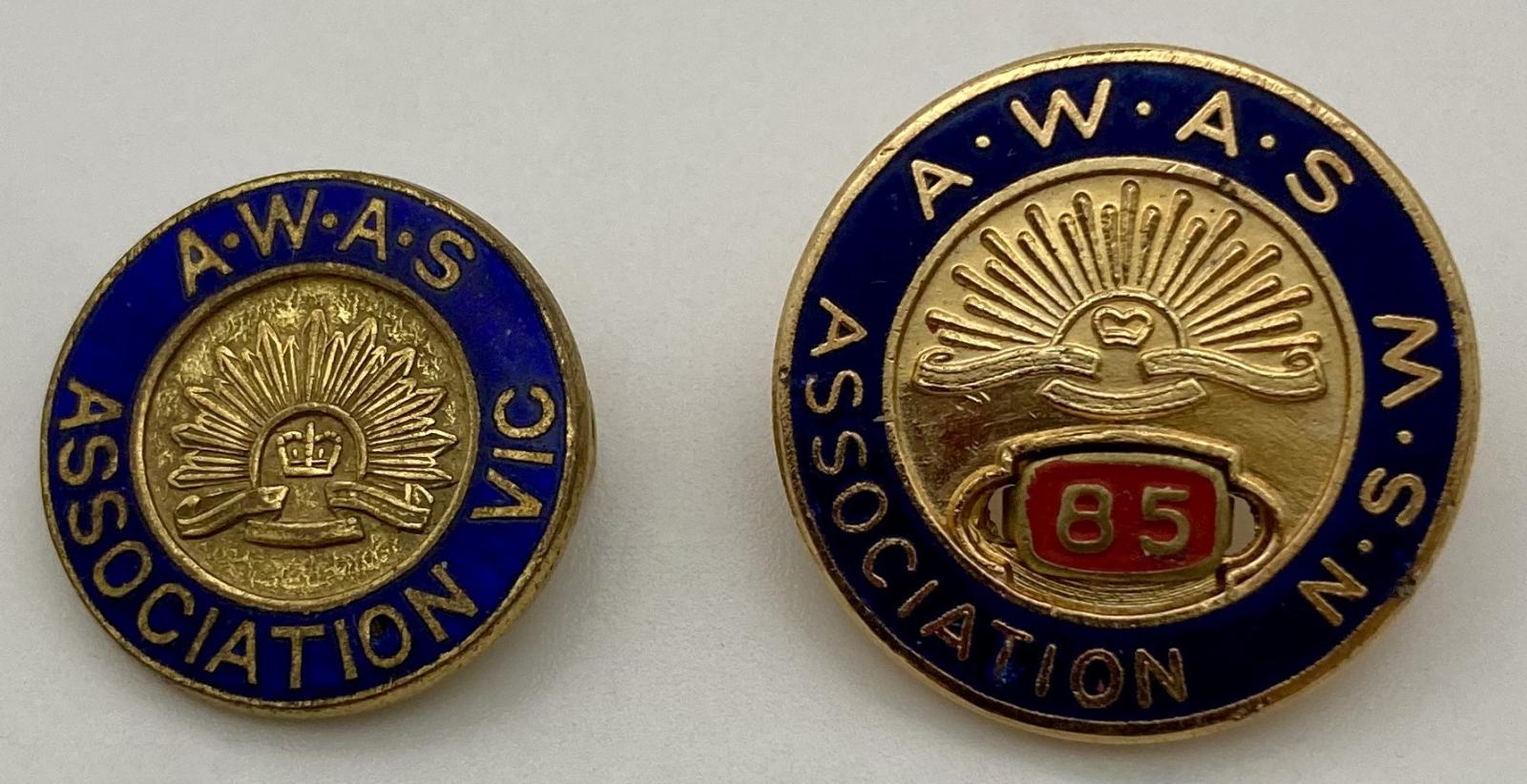 A.W.A.S. Assocation Victoria badge and A.W.A.S. Association N.S.W. badge showing size variation