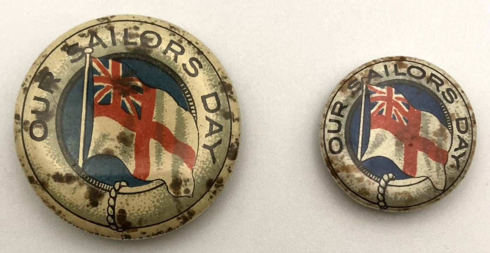 'Our Sailors' Day' fundraising button 1917 - both sizes